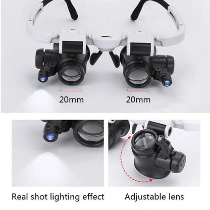 2X LED Head-Mounted Jeweler Magnifier — Adjustable Loupe Glasses with 8X, 15X, 23X Lenses for Watch & Repair Work