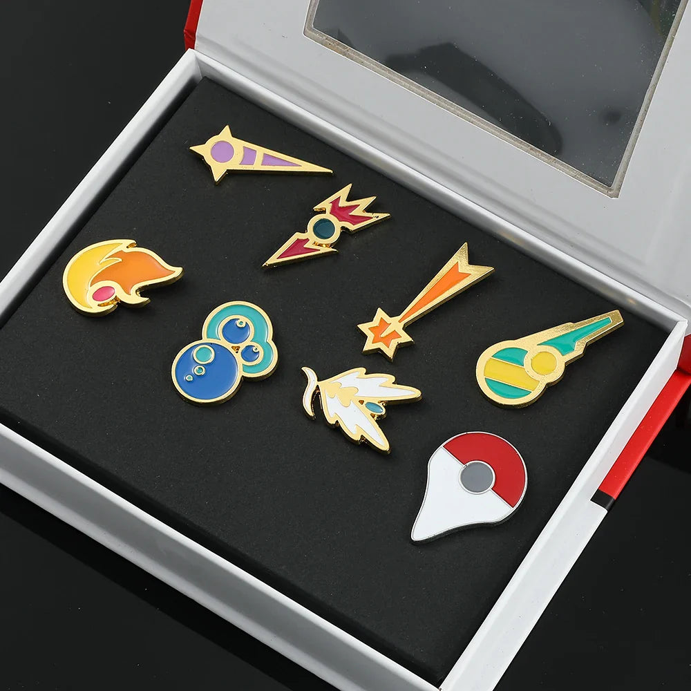 Anime League Gym Badge Set – Metal Brooches from Sinnoh, Johto, Hoenn & Indigo with Pikachu & Squirtle Figure Toys