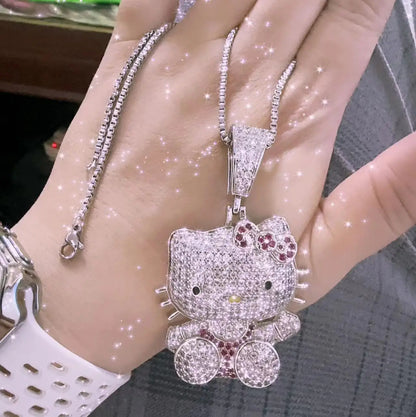 Kawaii Hello Kitty Necklace – Anime Sanrio Hip Hop Diamond Pendant with Cuba Chain, Cute Cartoon Jewelry Gift for Men & Women