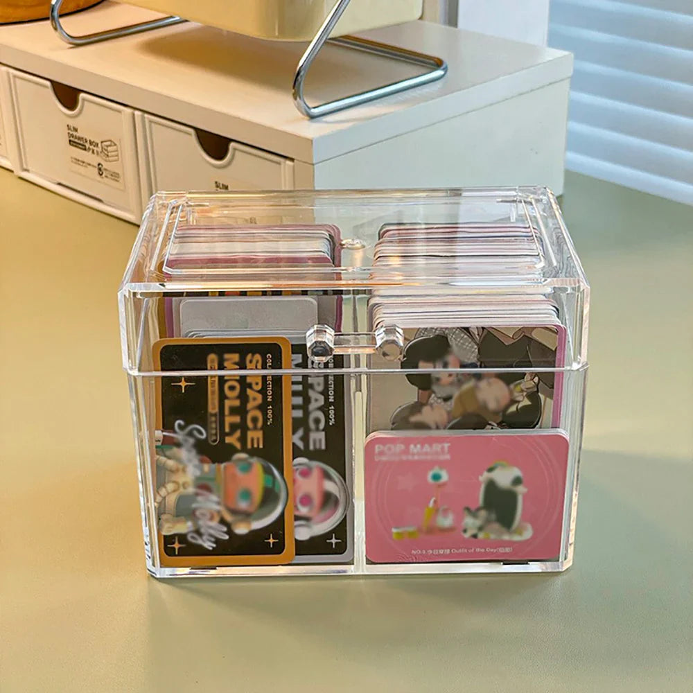 Multifunctional Acrylic Card Storage Box – 12x10.5cm Display Case with 2 Compartments, Holds 400 Postcards or Photos