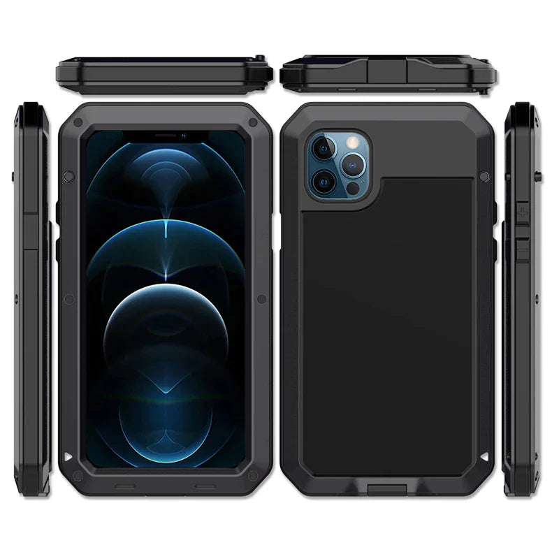 Heavy Armor Metal Rugged Case for iPhone 16/15/14/13/12/11 Pro Max/XR/XS/8 Plus – Shockproof Premium Cover with Gorilla Screen Protector