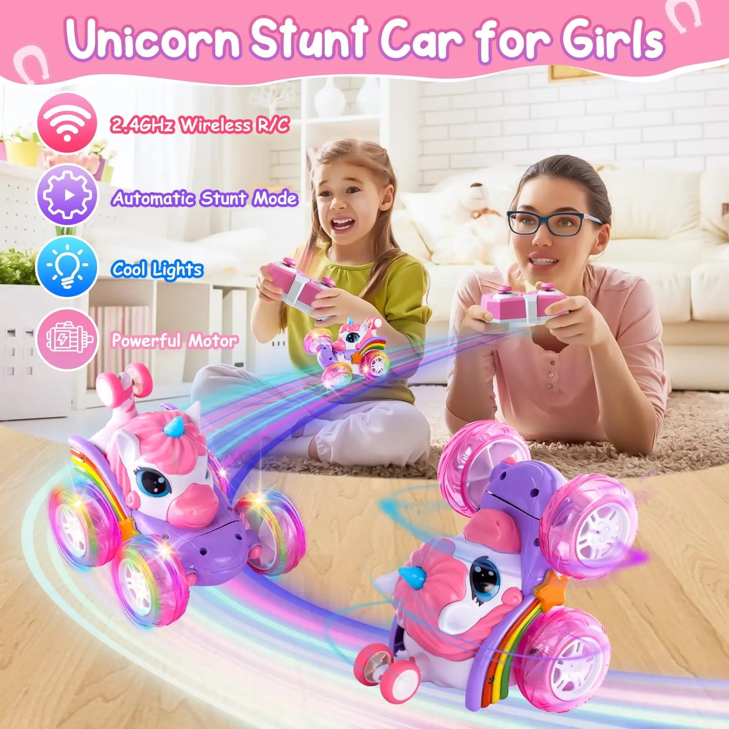 Remote Control Unicorn Car for Girls – 360° Rotating 4WD Stunt RC Toy with LED Lights, 2.4GHz Kids Gift
