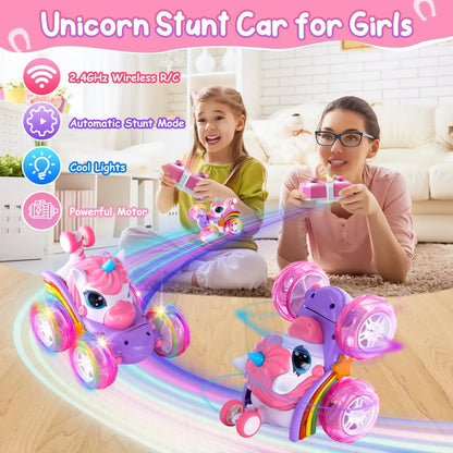 Remote Control Unicorn Car for Girls – 360° Rotating 4WD Stunt RC Toy with LED Lights, 2.4GHz Kids Gift