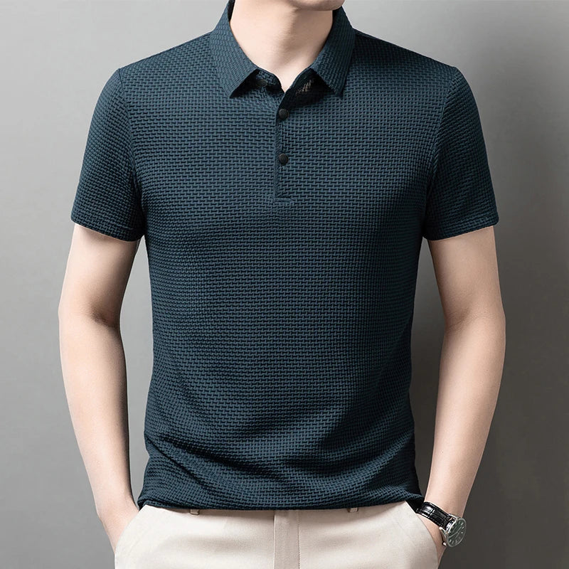 Men’s Business Casual Short Sleeve Polo — Solid Color Floral Summer Shirt, Breathable & Comfortable