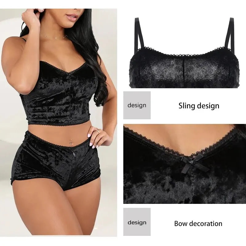Women's Sexy Strappy Pajama Set: Velvet Polyester Comfortable V-neck Underwear - 2 Piece Sleeveless Home Clothes