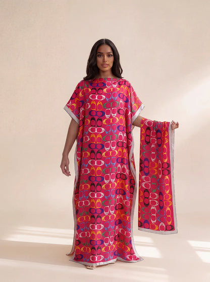 Long Silk Blend Beach Cover Up Dress - Elegant Middle Eastern Print Loose Robe for Women