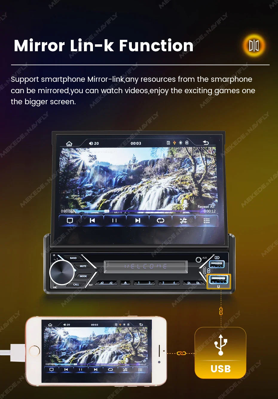 Carplay Android Auto 1 Din MP5 Player - 7 Inch Retractable Touch Screen, FM Radio, Mirror Link, Manual & Automatic Car Player