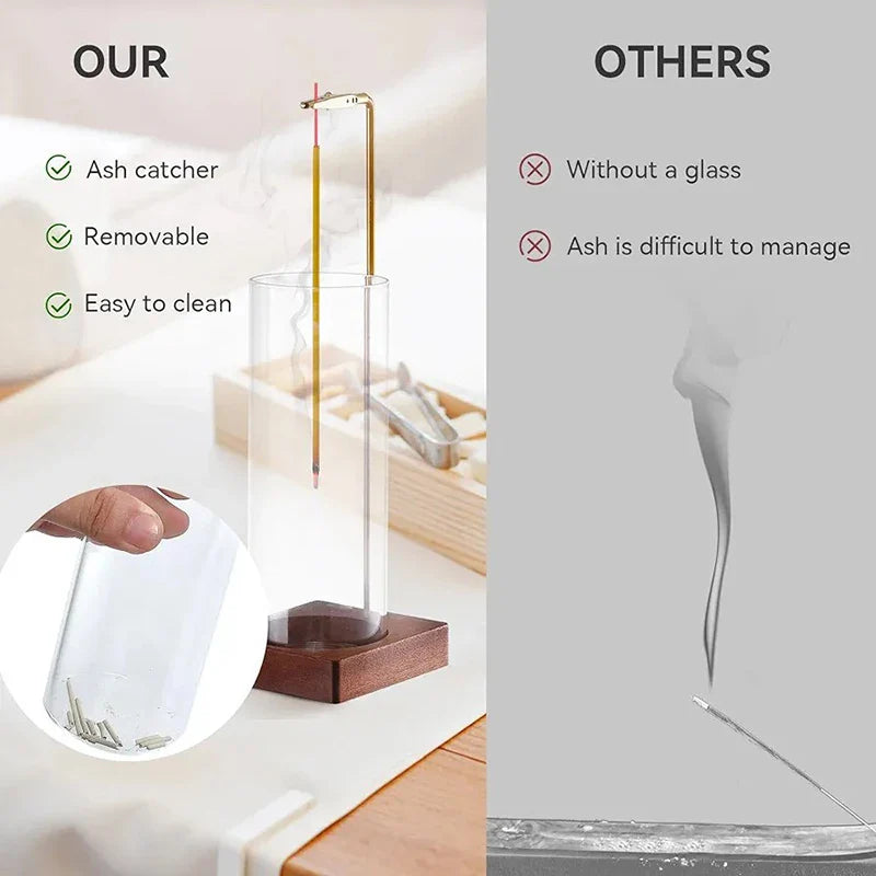 Incense Holder for Sticks - Removable Glass Ash Catcher, Mess-Free Burner for Meditation, Yoga & Spa