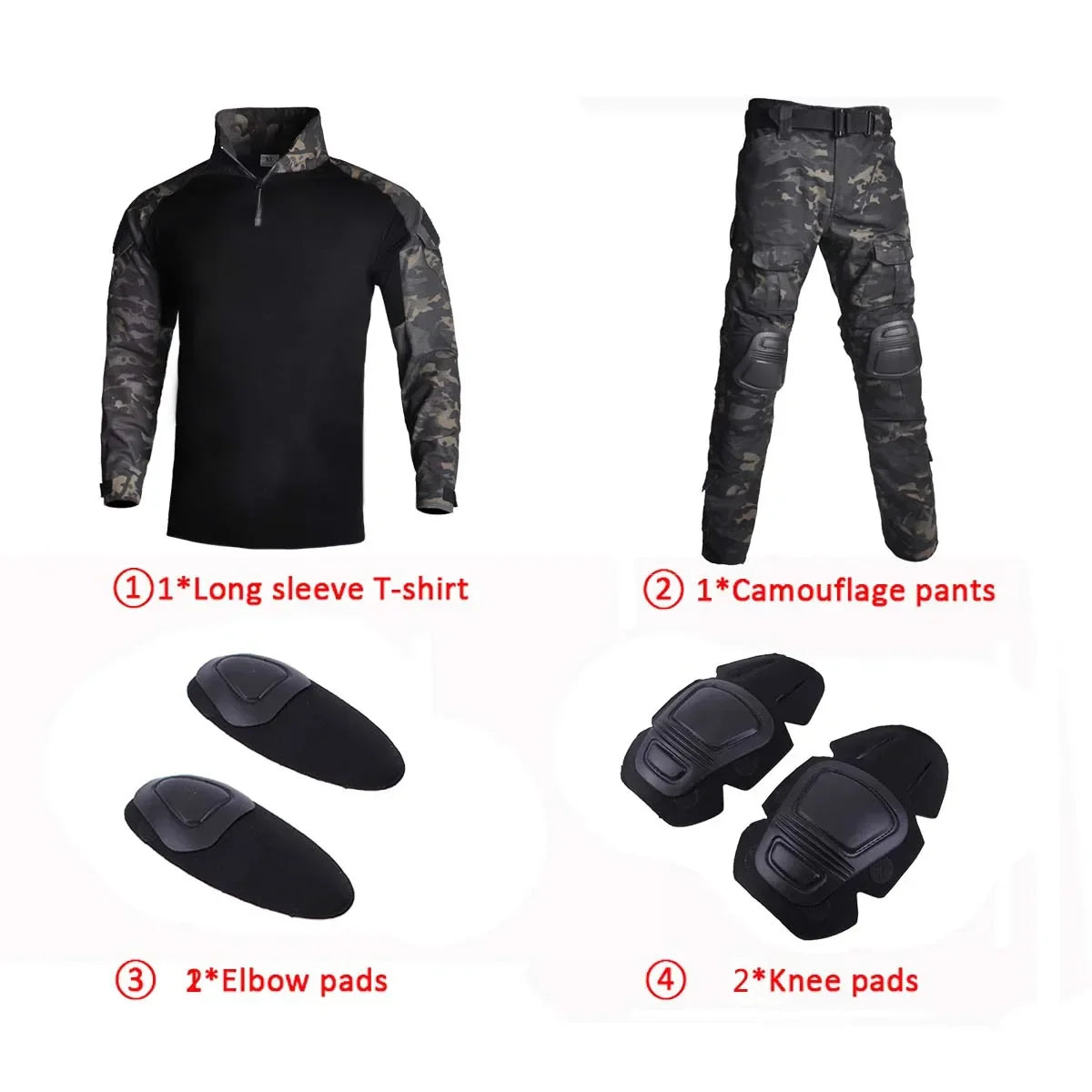 Men’s Camo Tactical Uniform Set | Ripstop Airsoft Suit with Multi-Pocket Pants & Training Shirt for Hunting or Paintball