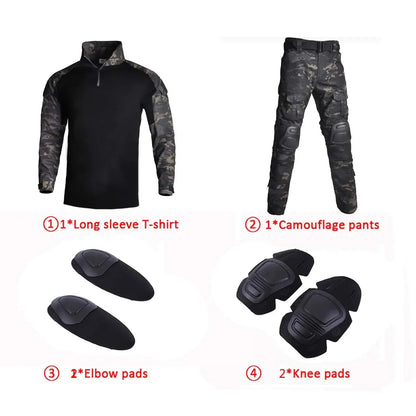 Men’s Camo Tactical Uniform Set | Ripstop Airsoft Suit with Multi-Pocket Pants & Training Shirt for Hunting or Paintball