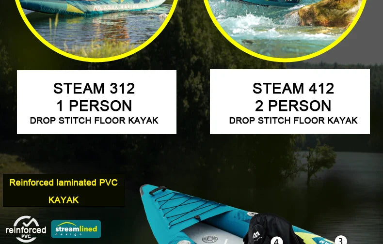 AQUA MARINA STEAM Inflatable Sport Kayak – 1-2 Person PVC Canoe Dinghy Raft with Pump, Seat & Drop Stitch Floor