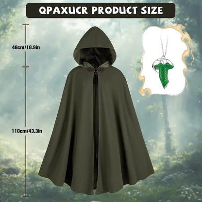 Men’s Medieval Hooded Cloak – Round Metal Buckle with Green Leaf Brooch Necklace for Halloween Costume