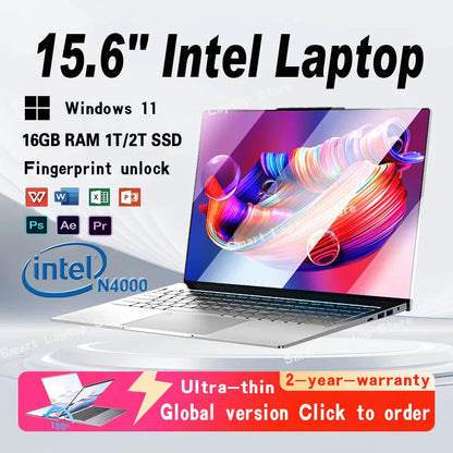 2025 Ultra-Thin Business Notebook — 15.6" Windows 11 Laptop, Intel Celeron N4000, 16GB RAM, 1TB/2TB SSD with Fingerprint