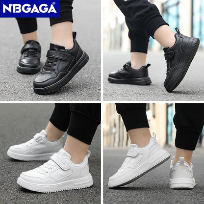 Children’s Black Leather Sneakers – Non-Slip Casual Flat Walking Shoes for Boys & Girls, Lightweight Student Sports Footwear