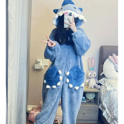 Cartoon Cute Shark Women's Hooded Sleepwear – Unicorn Kigurumi Winter Cosplay Pajama Jumpsuit, Christmas Party Loungewear