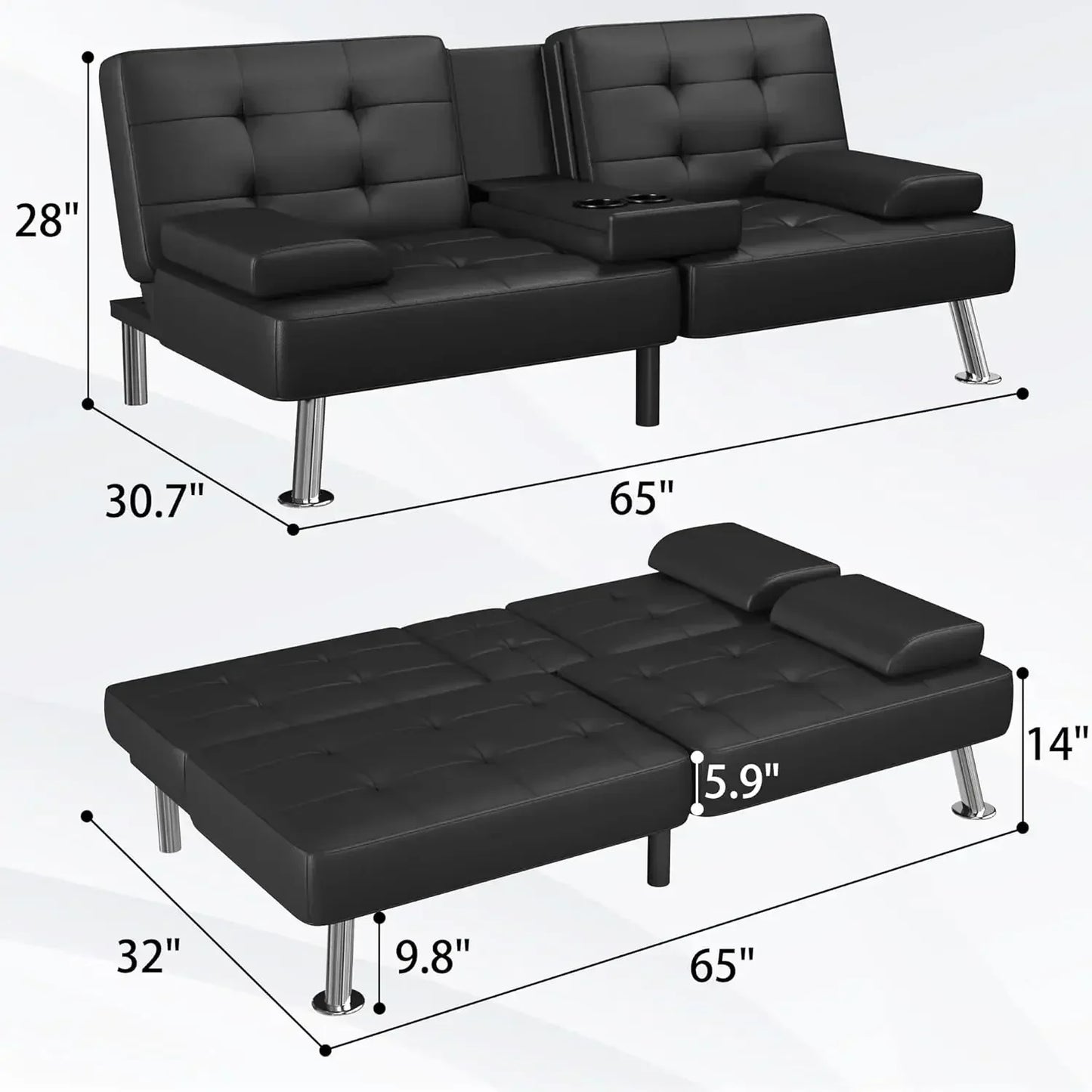 Modern Black PU Leather Futon Sofa Bed – Convertible Recliner Lounge with Folding Design & 2 Cup Holders