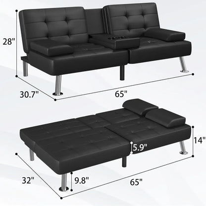 Modern Black PU Leather Futon Sofa Bed – Convertible Recliner Lounge with Folding Design & 2 Cup Holders