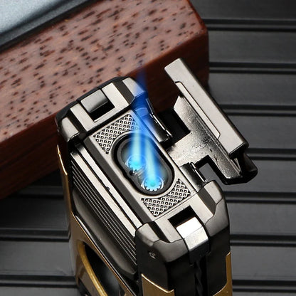 LUBINSKI 2-Torch Cigar Lighter – Metal Butane Gas Lighter with V-Cutter, Punch, and Needle Dredge for Cigar