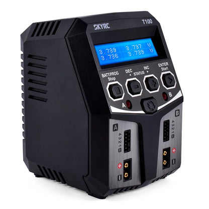 SKYRC T100 AC Dual 5A Lipo Battery Charger — 2x50W Balance Charger for 2-4S NiMH, NiCd, LiPo, LiFe, LiIon, LiHV RC Cars