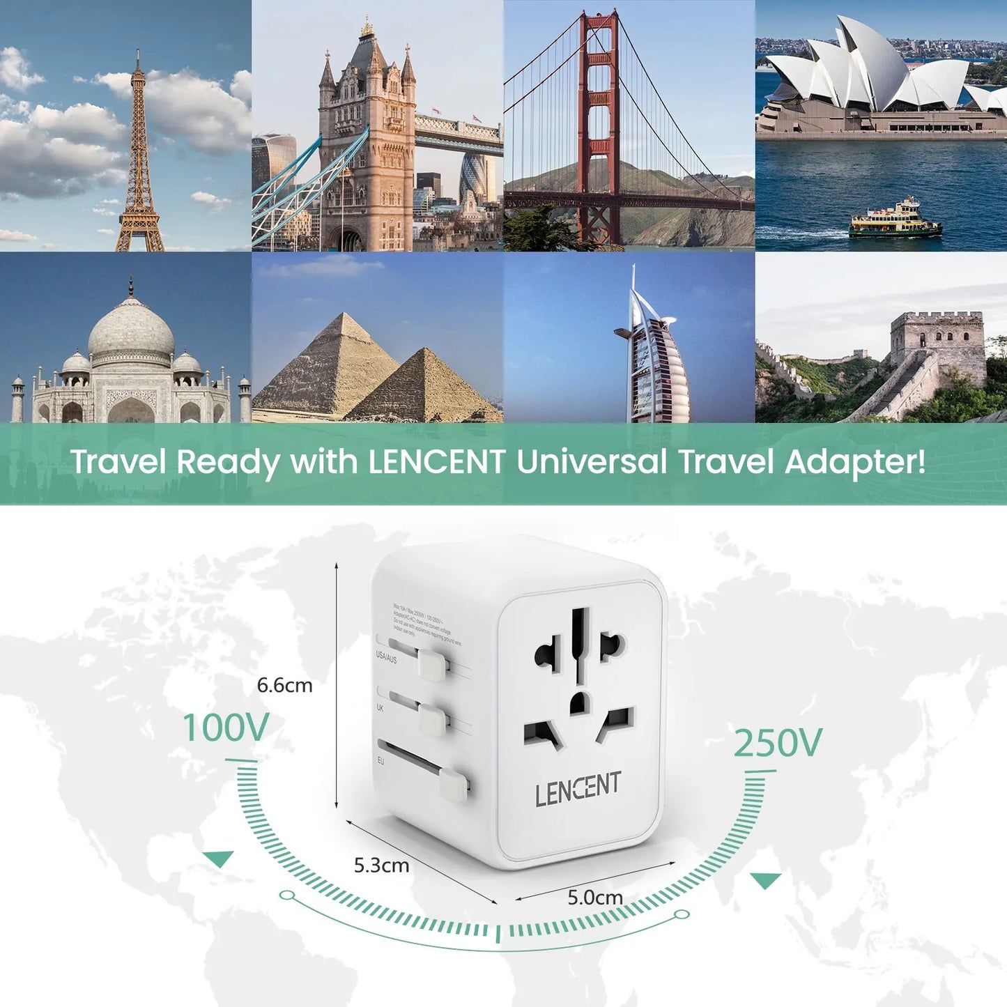 LENCENT International Travel Adapter – All-in-One Charger with 2 USB Ports, EU/UK/USA/AUS Plugs for Worldwide Travel