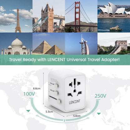 LENCENT International Travel Adapter – All-in-One Charger with 2 USB Ports, EU/UK/USA/AUS Plugs for Worldwide Travel