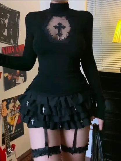 Y2K Black Gothic Turtleneck Top – Hollow Cross Slim Long-Sleeve T-Shirt for Women