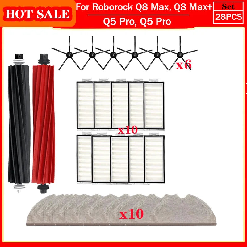 Roborock Q5 Pro & Q8 Max Replacement Parts – Main Brush, Side Brush, HEPA Filter, Mop & Dust Bag Accessories