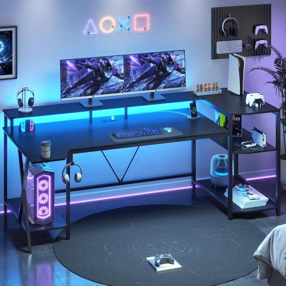 70.8'' Gaming Desk with LED Lights – Computer Desk with Storage Shelves, Monitor Stand, Power Outlets & Cup Holder