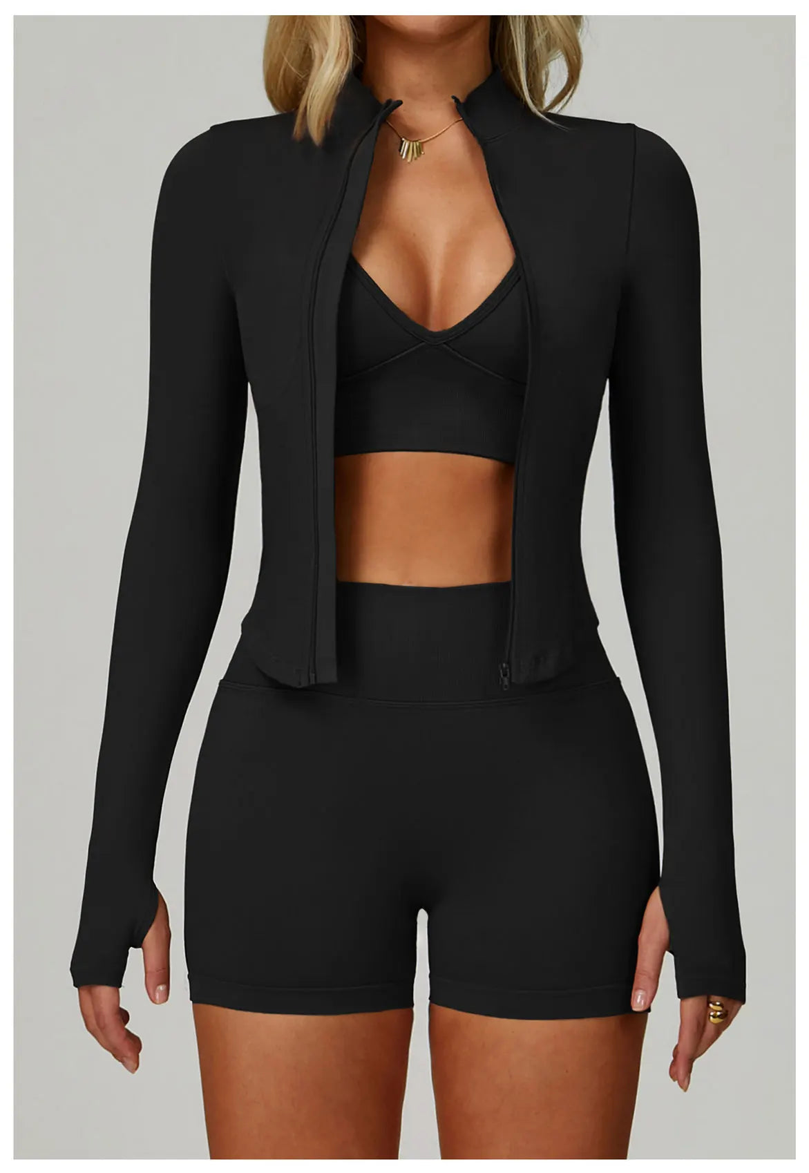 2/3PCS Women’s Seamless Yoga & Gym Set – Push-Up Sports Bra, Long Sleeve Jacket & Workout Leggings