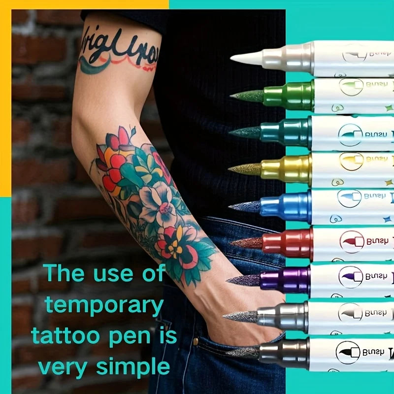 Temporary Skin Tattoo Pen – 10 Colors, Dual-Ended for Bold & Fine Lines, Long-Lasting Body & Face Art