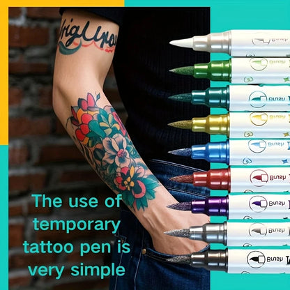 Temporary Skin Tattoo Pen – 10 Colors, Dual-Ended for Bold & Fine Lines, Long-Lasting Body & Face Art