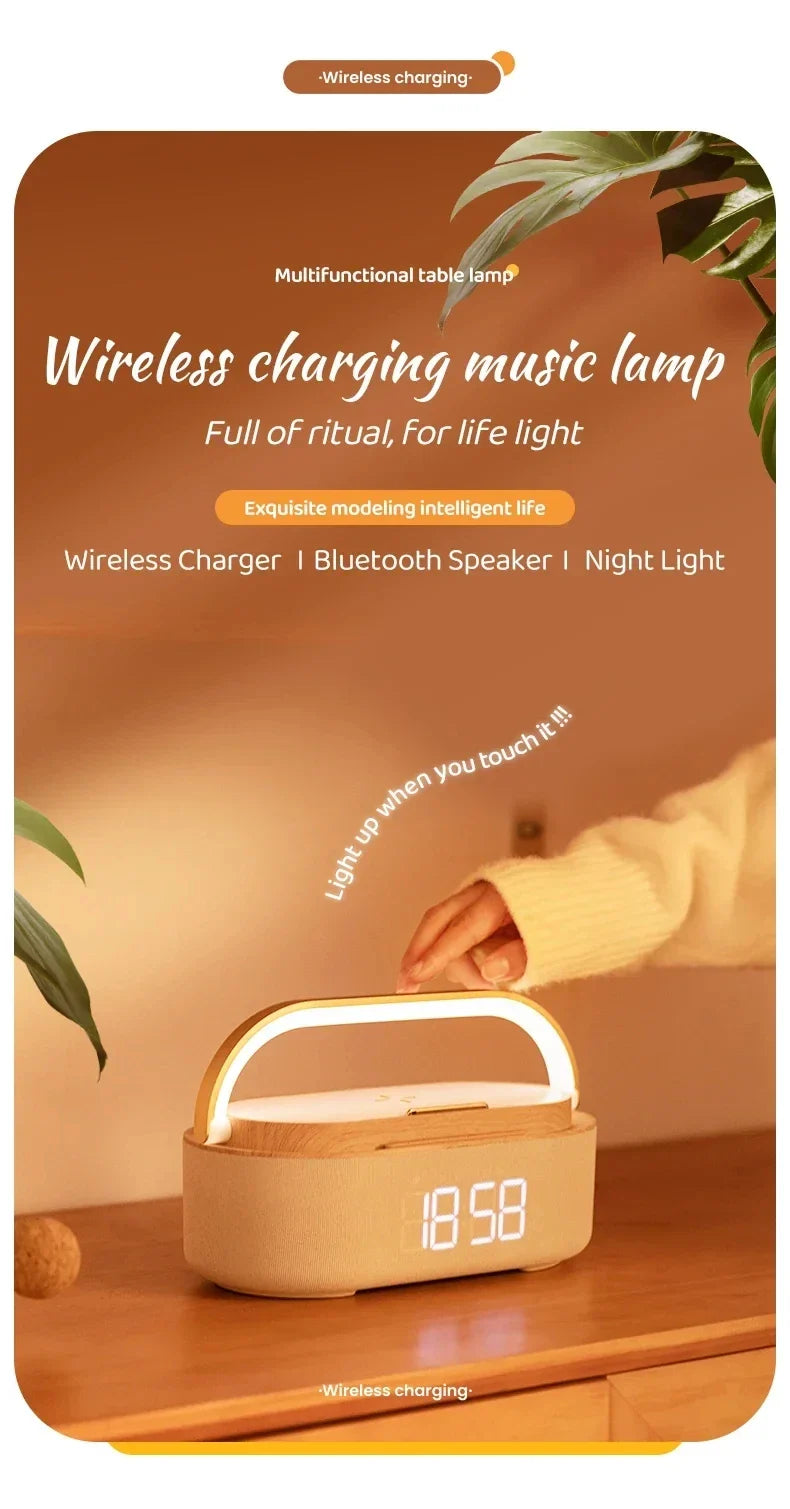 Portable Bluetooth Speaker with Wireless Charging — FM Radio, Alarm Clock, Music Sound Box, Night Light & Charger Lamp