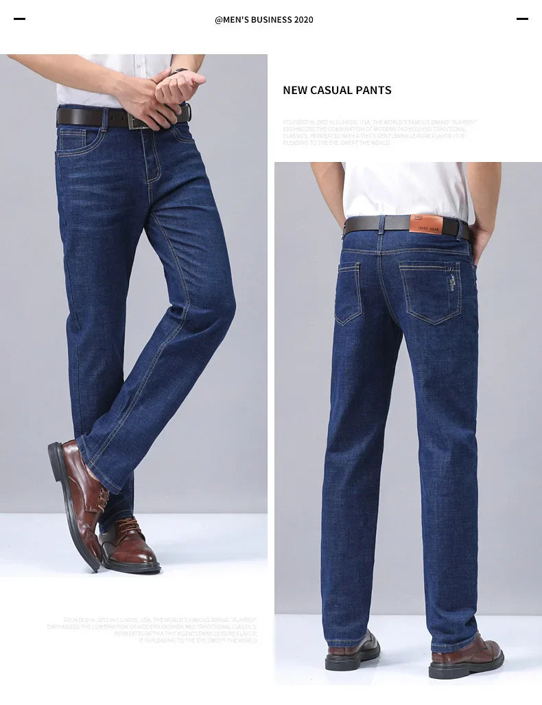 Men’s Casual Comfortable Jeans – Straight Loose Fit High Waist Elastic Trousers for All Seasons & Office Wear