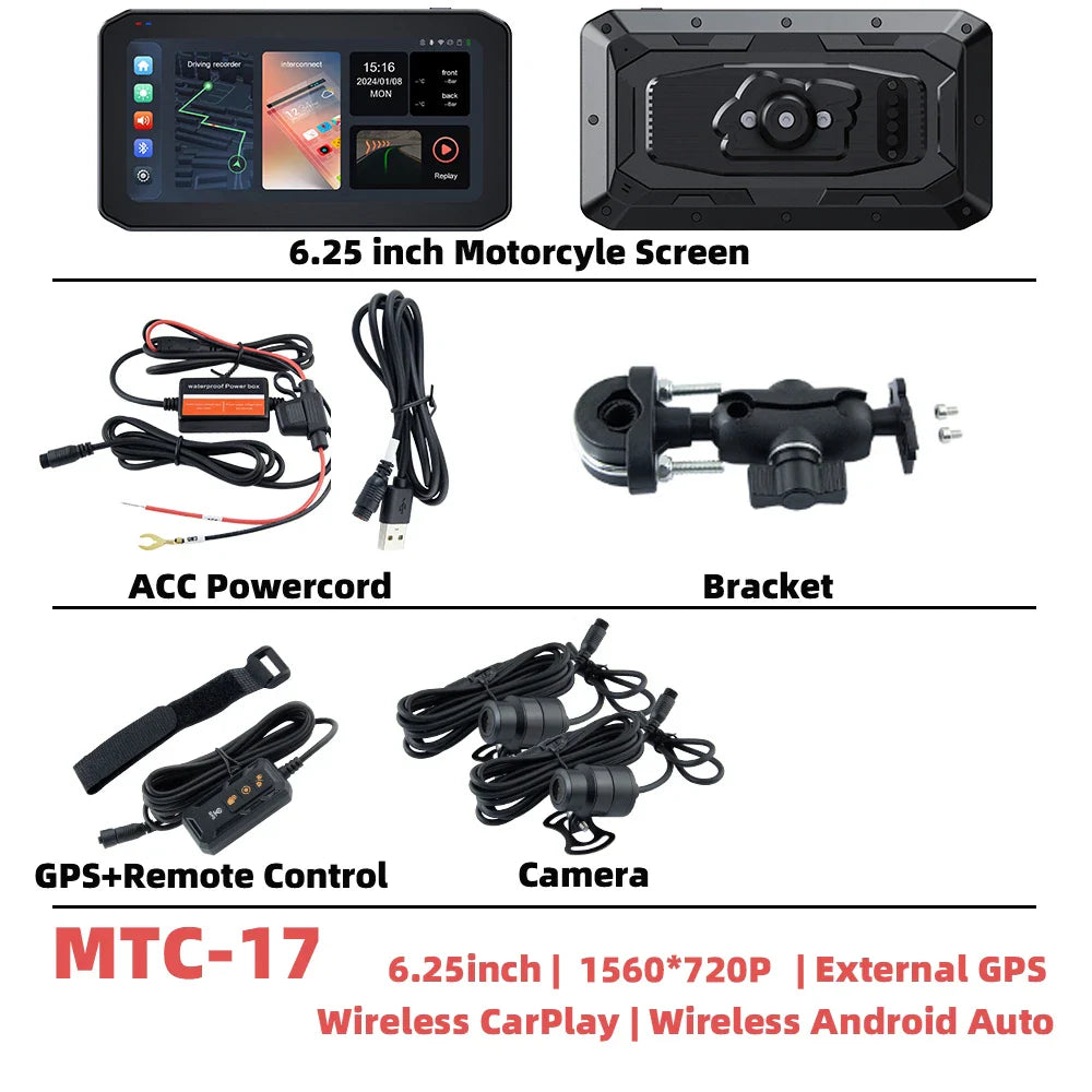 EKIY 6.25" Wireless CarPlay Motorcycle Display – Android Auto GPS Navigation Screen with TPMS Monitoring Portable Dashboard Unit