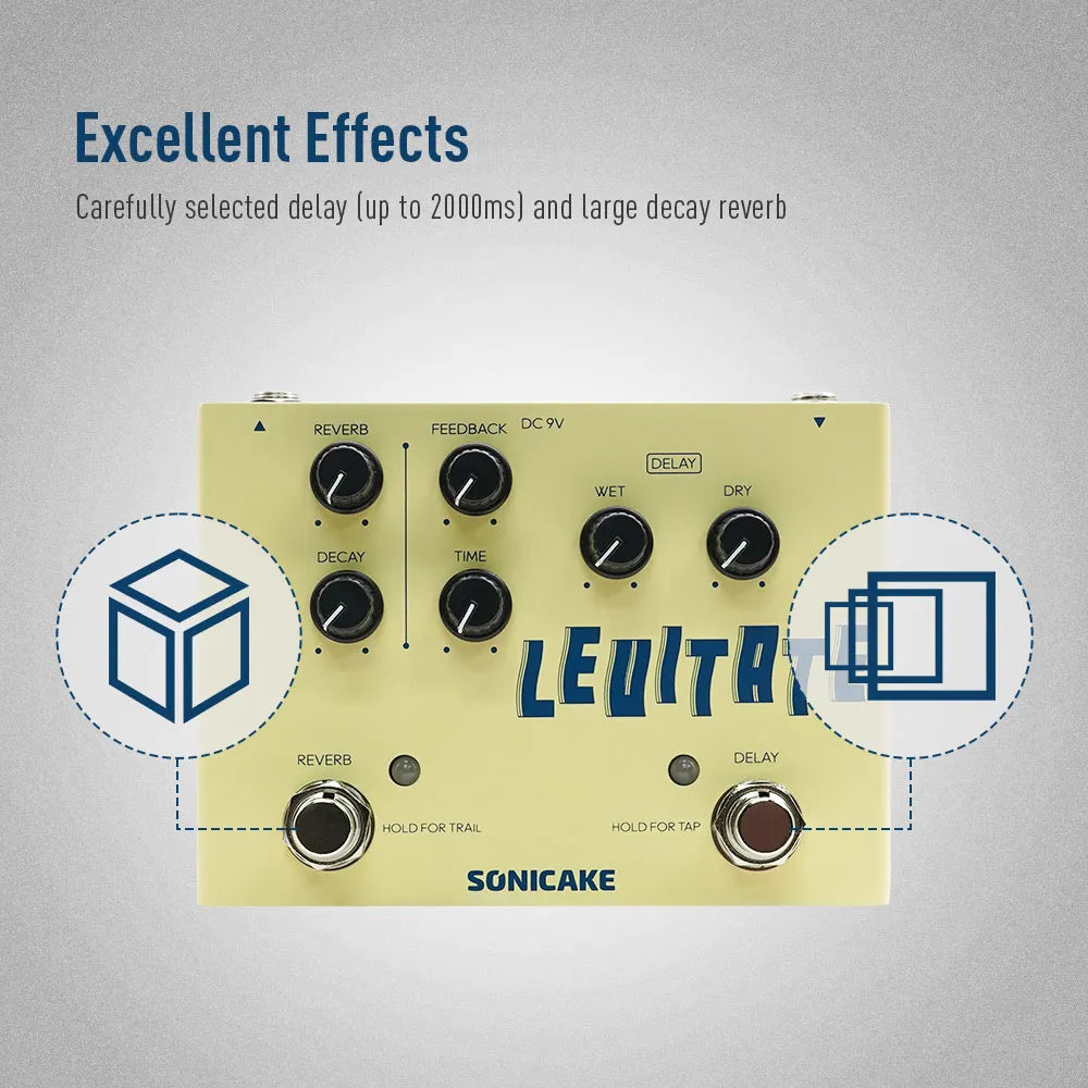 SONICAKE Levitate QDS-02 Dual Footswitch Guitar Effects Pedal – Digital Delay & Reverb Stompbox