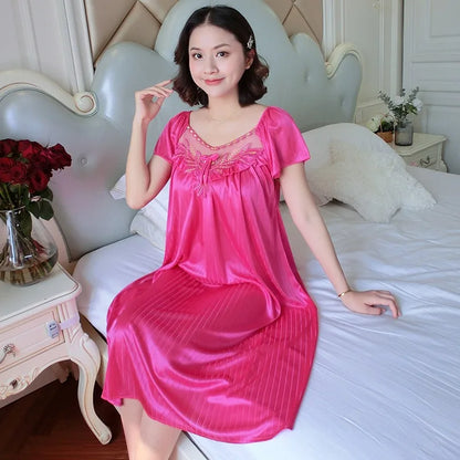 Women’s Ice Silk Nightgown – Medium-Length Short Sleeve Sexy Sleepwear, Loungewear & Home Pyjama for Ladies