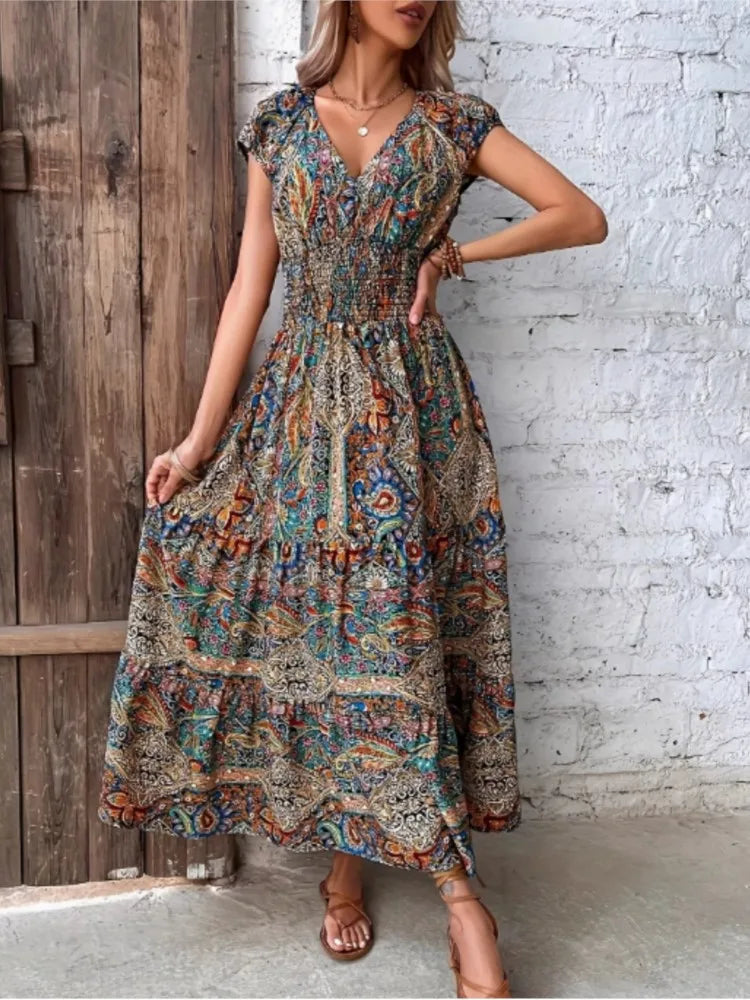 Women’s Summer Boho Dress – Sleeveless Printed Beach Party Dress, Elegant Casual Holiday Outfit for Women