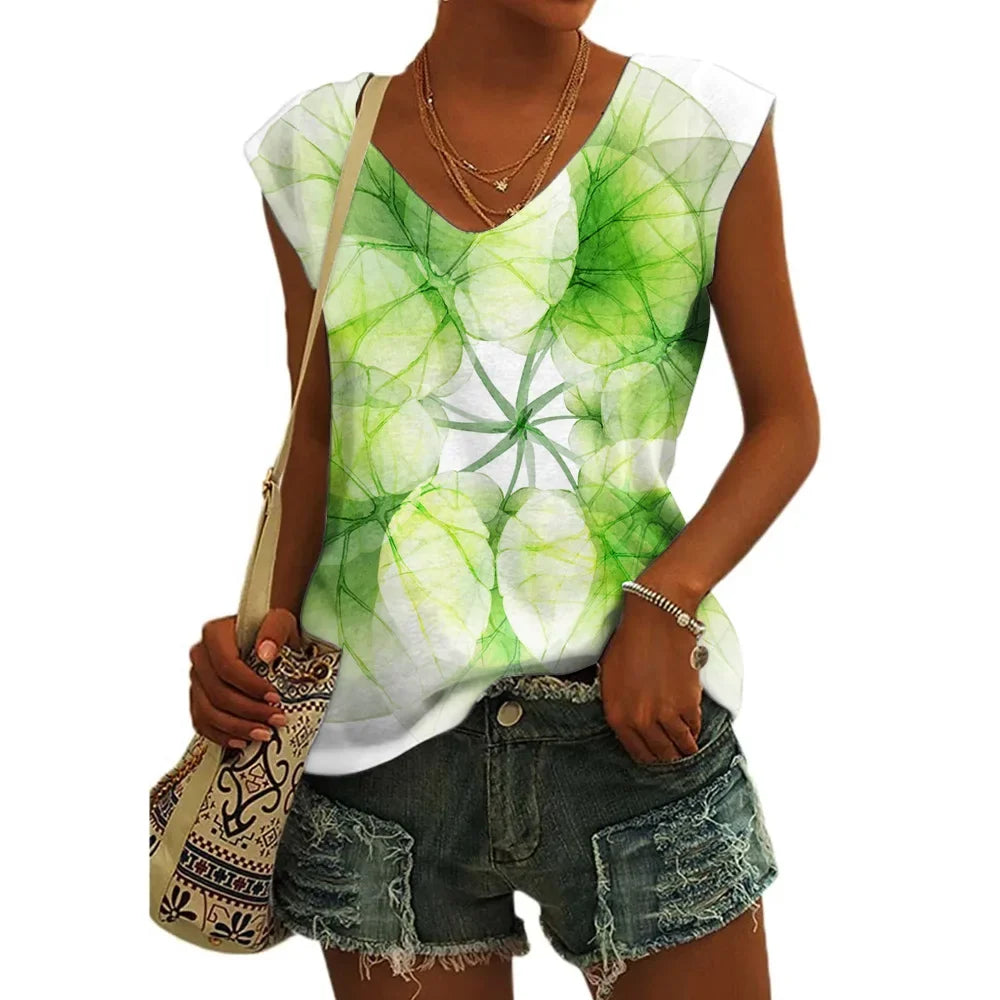Women’s Floral Print T-Shirt - V Neck Cap Sleeve Loose Fit Summer Beach Top with Breathable Casual Style