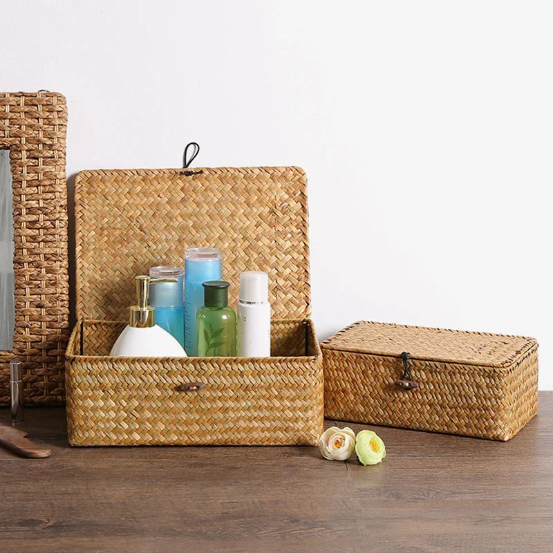 Hand-Woven Seaweed Storage Basket with Lid - Multi-Purpose Sundries Organizer, Cosmetic, Toy, and Clothes Container