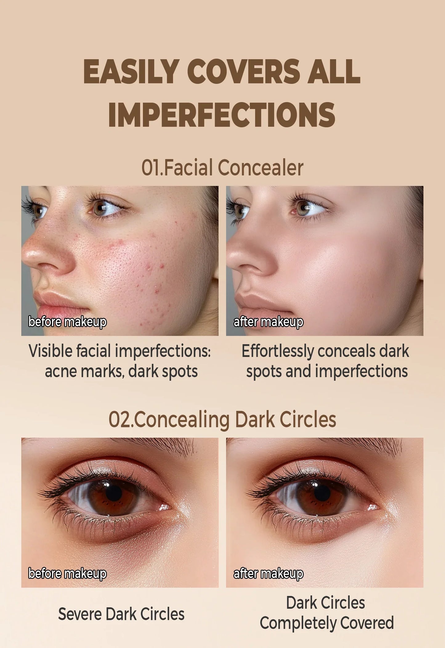 Waterproof Full-Coverage Concealer — Natural Finish Foundation for Tattoos, Scars, All Skin Tones & Types