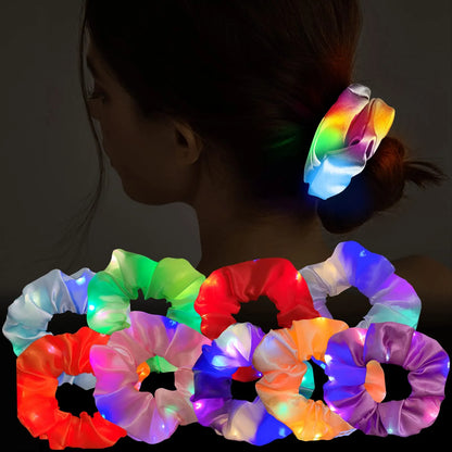 9-Piece LED Light Hair Scrunchies - Satin Elastic Bands for Girls - Halloween & Christmas Glow-in-the-Dark Party Supplies