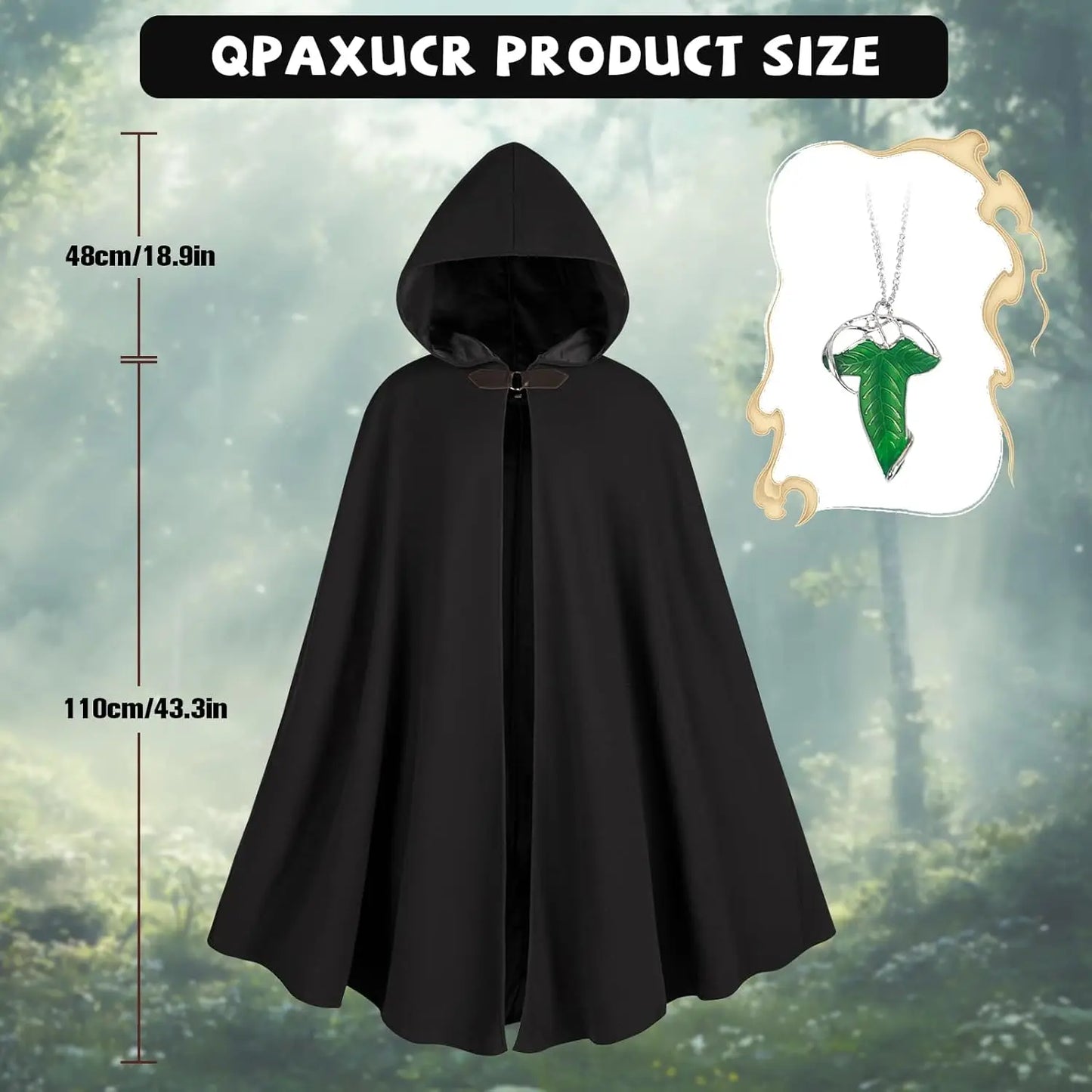 Men’s Medieval Hooded Cloak – Round Metal Buckle with Green Leaf Brooch Necklace for Halloween Costume