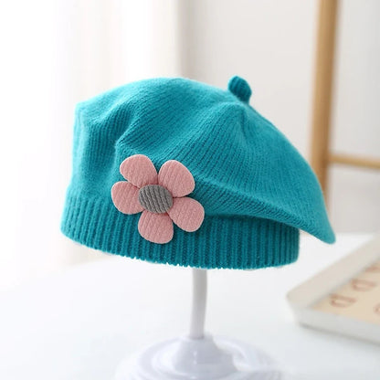 Flower Baby Beret Hat - Warm Knitted Winter Beanie Cap for Infant Girls & Toddlers