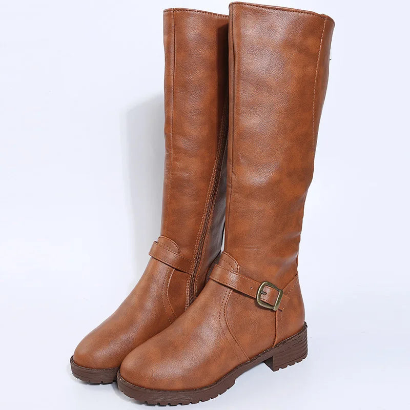 Women’s Knee-High Platform Boots – Low Heel Round Toe Brown PU Leather Long Boots with Zipper, Vintage Style 2025