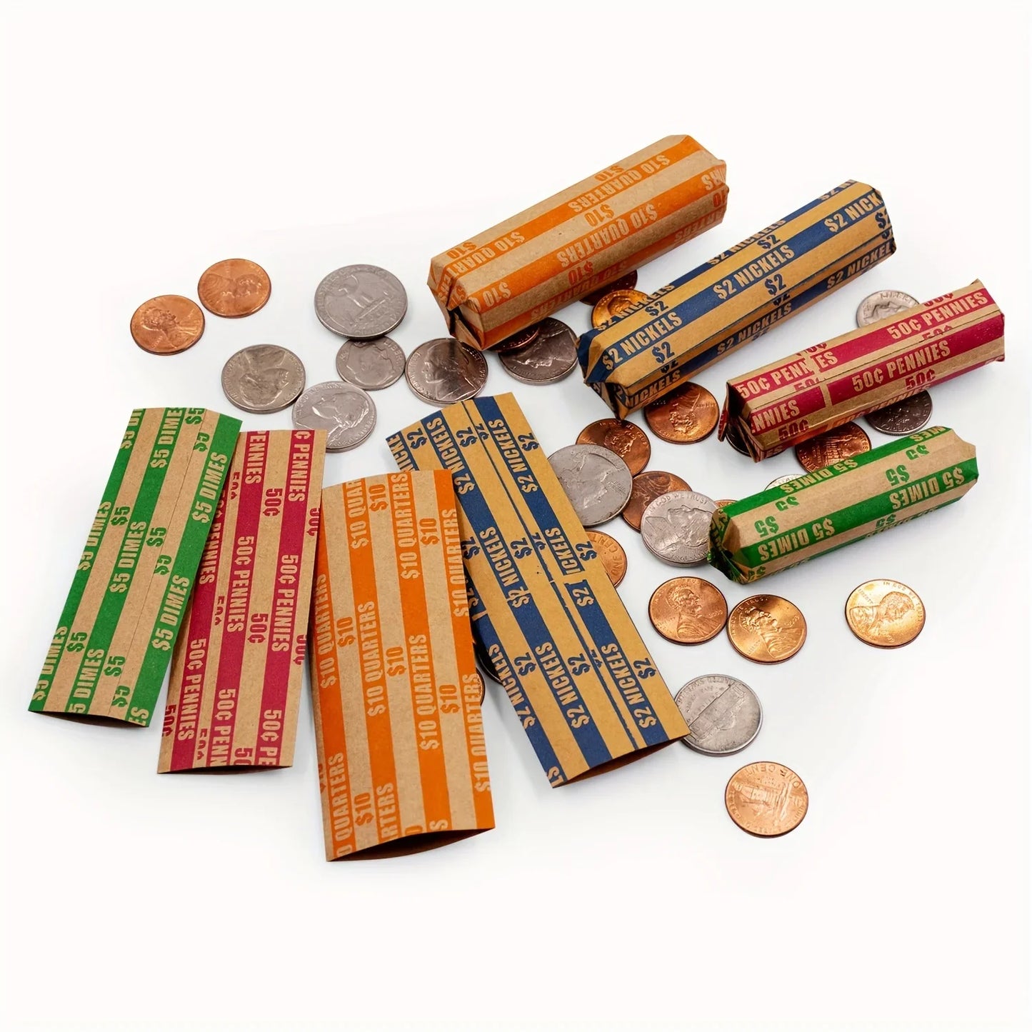 150pcs Assorted Coin Wrappers – ABA Standard Flat Striped for Quarters, Dollars, Dimes, Nickels & Pennies