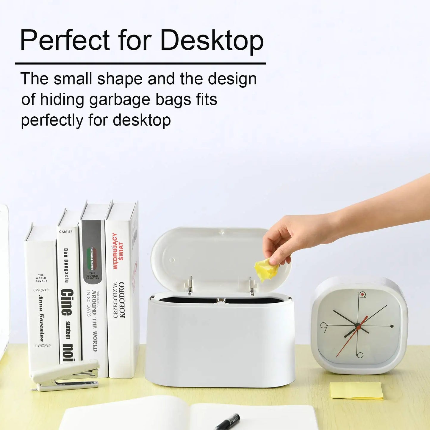 Mini Trash Can with Lid - Small Desk Trash Can, Countertop Garbage Can with 3 Free Roll Bags - Compact and Convenient Waste Basket in White