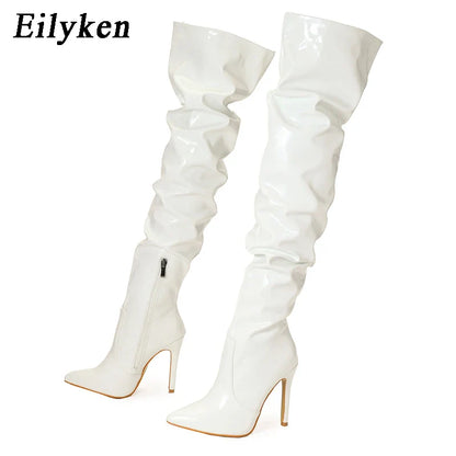 Eilyken Red Over-the-Knee Stiletto Boots for Women – Patent Leather Pointed Toe High Heel Zip-Up Shoes