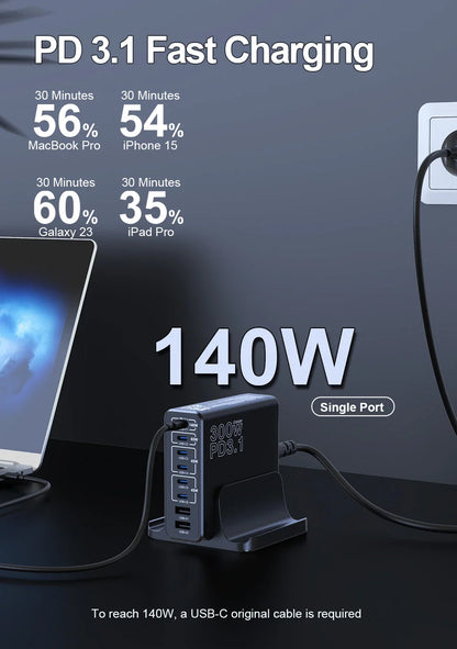 Ubigbuy 300W Multi-Port GaN Charger - USB-C 140W PD 3.1 & PPS 100W Charging Station for MacBook Pro M2, iPhone 15/14, Galaxy