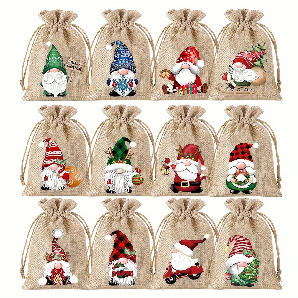 12PCS Christmas Linen Drawstring Gift Bags – 13×18cm Jewelry & Party Pouches with Random Patterns