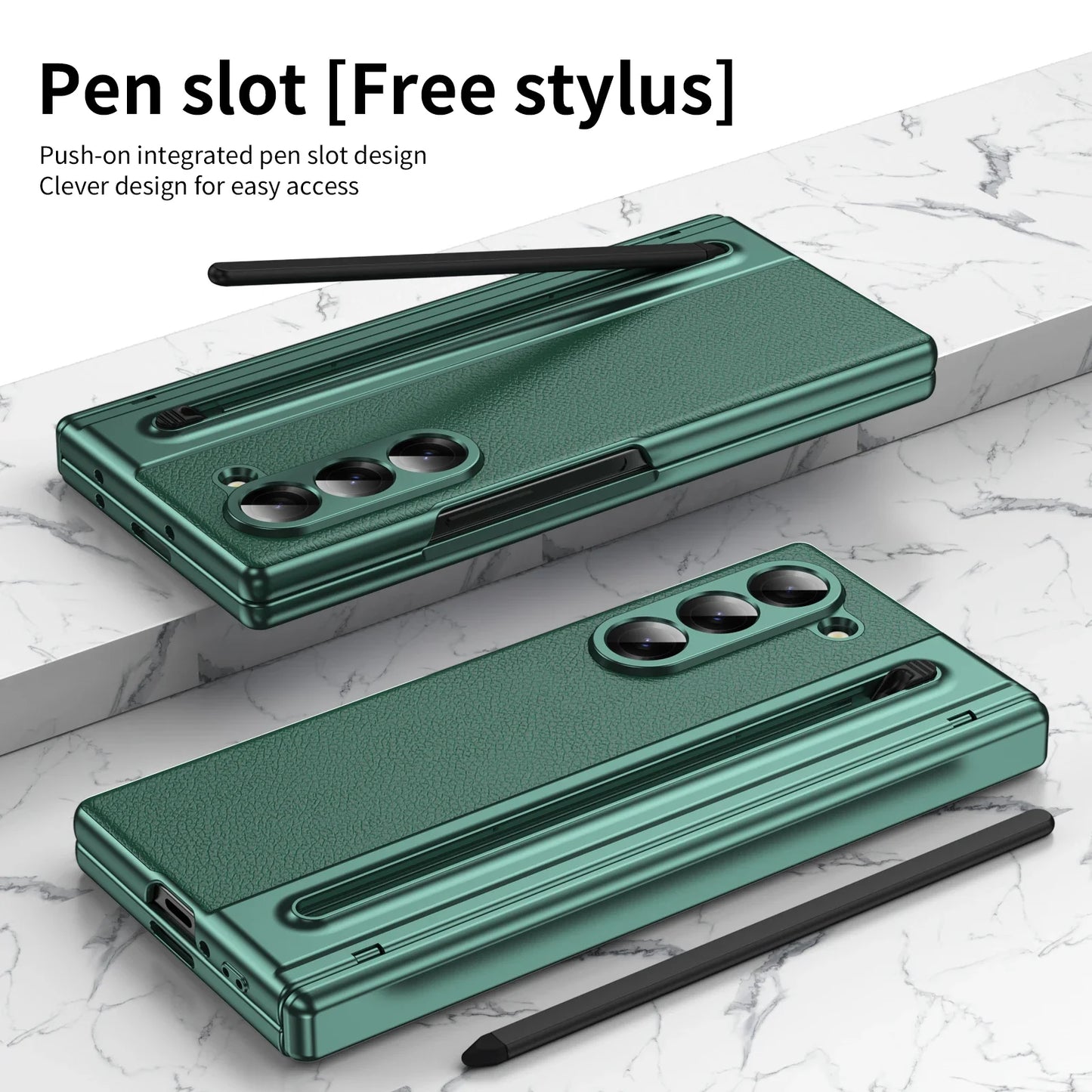 Slim Leather Case with Touch Pen for Samsung Galaxy Z Fold 6/5/W25/4/3 – Plated Hinge & Full Screen Protector Cover